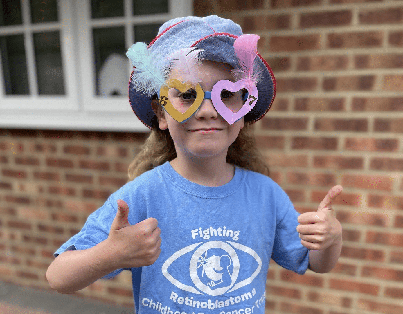 retinoblastoma eye cancer crazy glasses a girl in a CHECT top with crazy glasses on