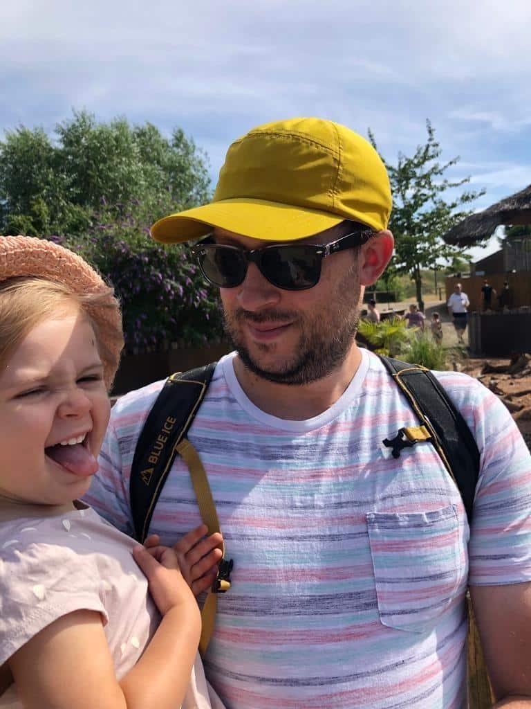 Olivia with her dad after being diagnosed with retinoblastoma