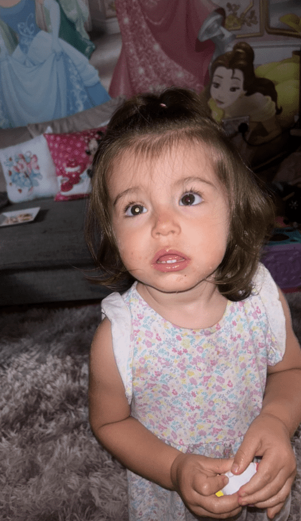 Evie has a white glow in her eye