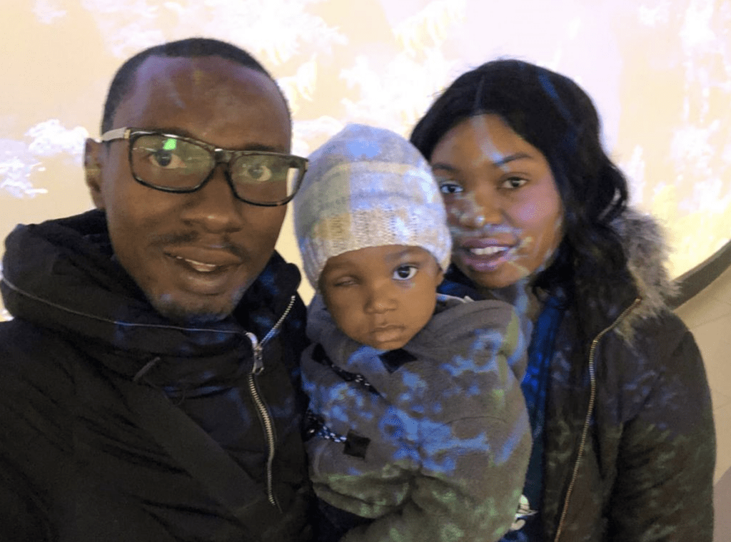 Joseph is with his parents after his eye was enucleated