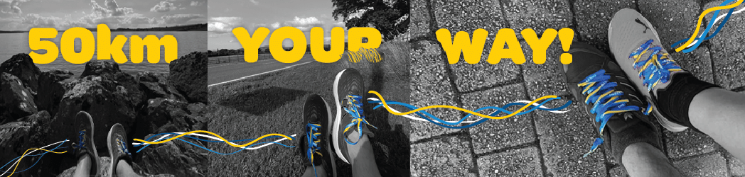 Title banner The text reads 50km Your Way! and shows a series of images of someone after a run while wearing trainers with CHECT laces on
