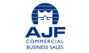 AJF commercial business sales logo. It is a dark blue with a castle and company name underneath.