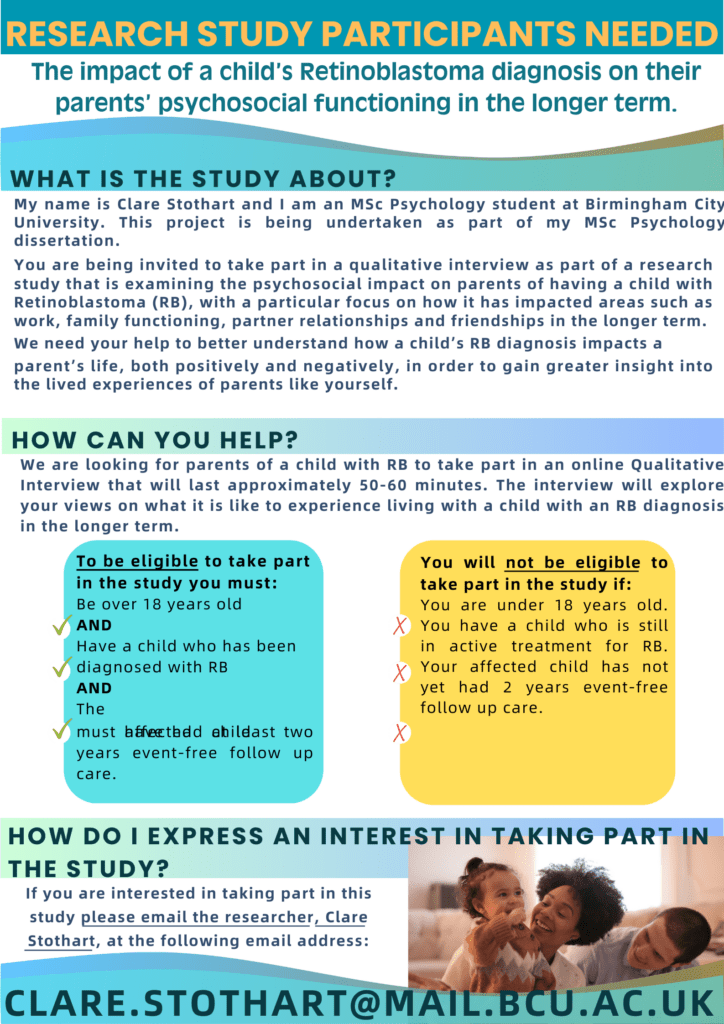 Flyer advertising a research study for parents of children with Retinoblastoma (RB). The study explores the psychosocial impact of a child's RB diagnosis on parents, including areas like work, family functioning, relationships, and friendships in the long term. The flyer outlines the following: Eligibility Criteria: Participants must be over 18 years old, have a child diagnosed with RB, and the child must have completed at least two years of event-free follow-up care. Those ineligible include parents under 18 years, whose child is still in active RB treatment, or whose child hasn't yet completed two years of event-free follow-up. Participation Details: Involves a 50-60 minute online qualitative interview to discuss the lived experiences of having a child with RB. Contact Information: Interested participants are directed to email Clare Stothart at the provided address (clare.stothart@mail.bcu.ac.uk). The flyer uses colorful blocks and images of families to present the information clearly and invitingly.