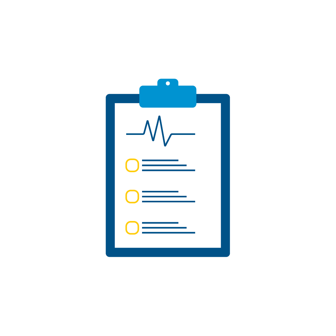 Icon for Diagnosis is a clip board with a life line and tick boxes on it