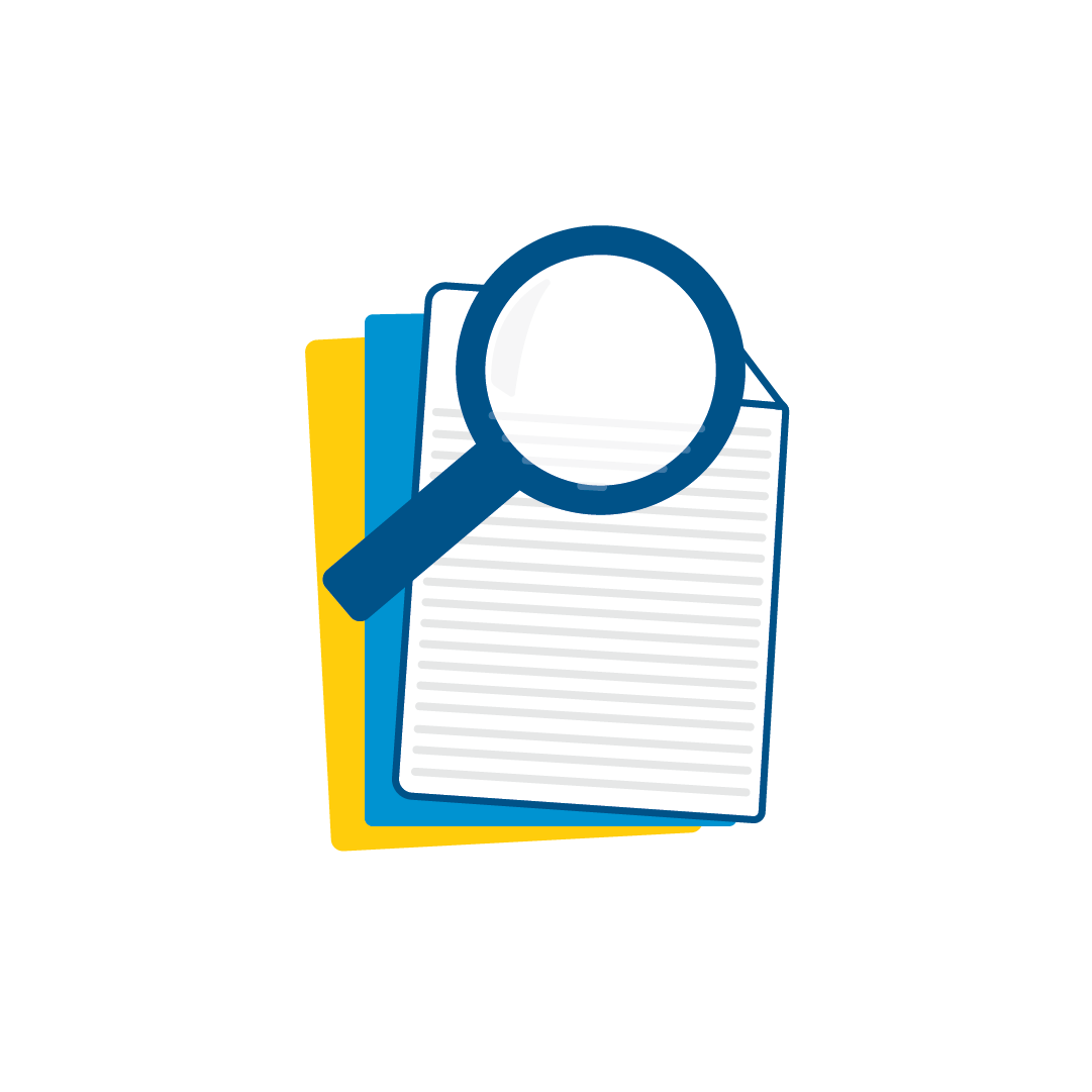 Icon for research is a stack of papers with a magnifying glass looking a the paper