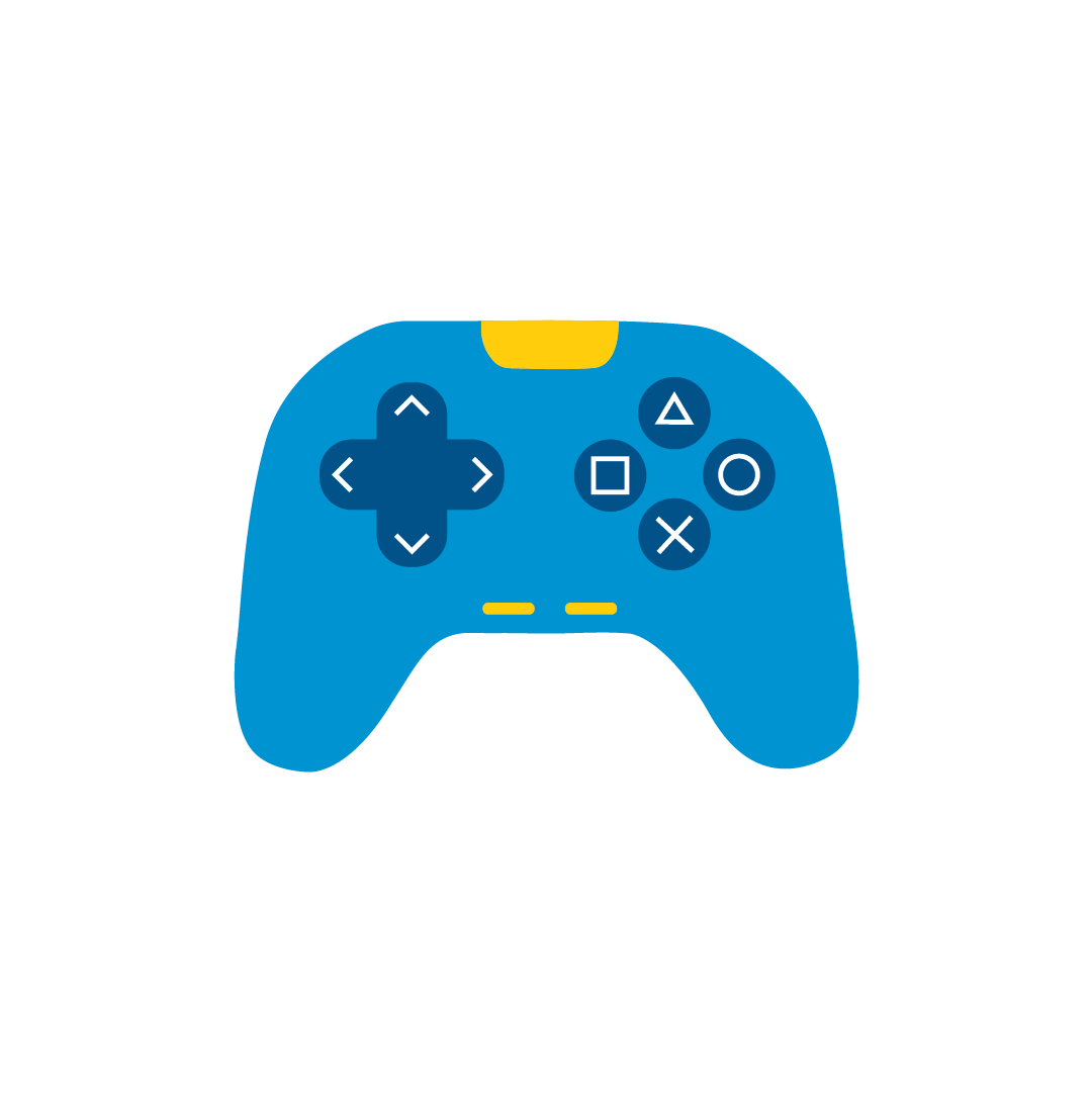 Icon of a blue playstation controller to represent digital fundraising and gaming