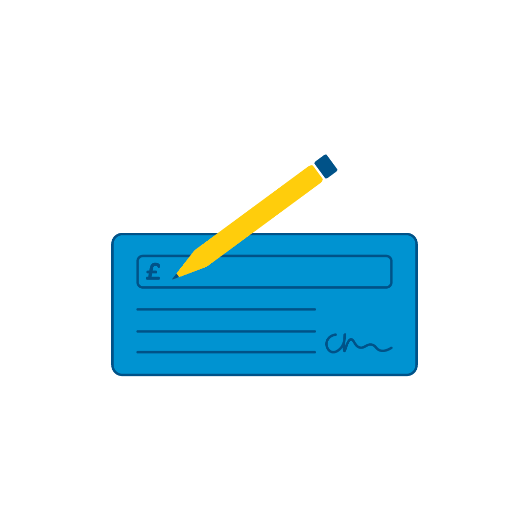 Icon of a pencil signing a cheque to represent trusts and foundations fundraising for childhood eye cancer trust